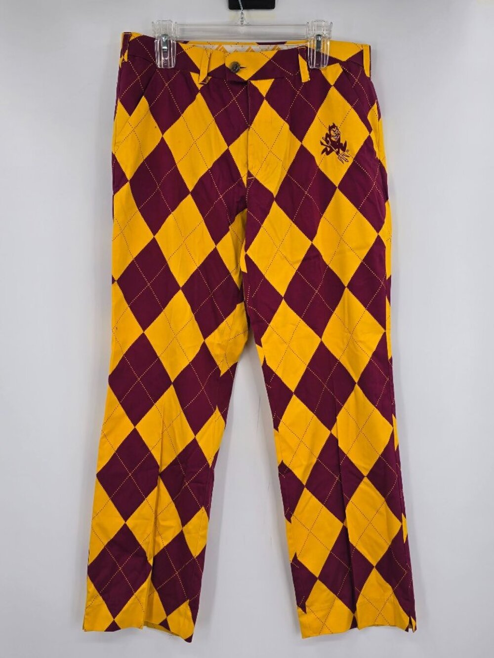 Loudmouth Golf Pants Maroon & Yellow Argyle Pattern 34x32 Cotton Blend Mens